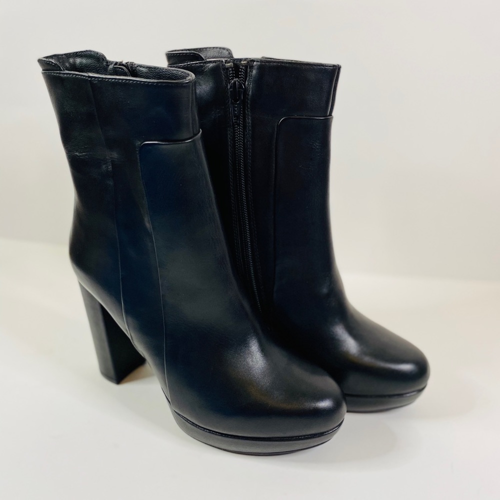 Women's Black Platform Leather Ankle Boots with Block Heel